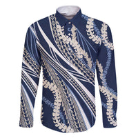 Polynesian Puakeniken Pikake Twisted Lei Family Matching Summer Maxi Dress and Hawaiian Shirt Navy Blue - Polynesian Pride