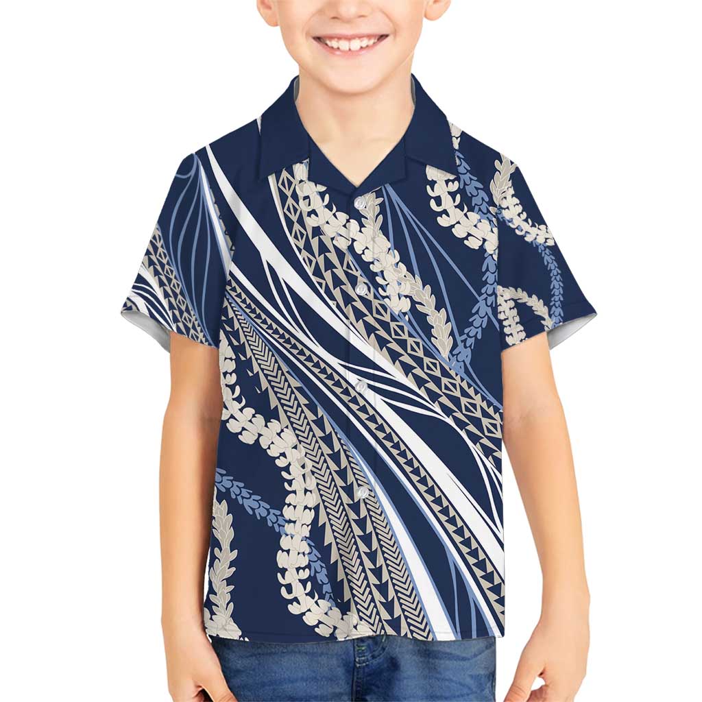 Polynesian Puakeniken Pikake Twisted Lei Family Matching Summer Maxi Dress and Hawaiian Shirt Navy Blue - Polynesian Pride