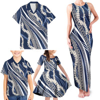 Polynesian Puakeniken Pikake Twisted Lei Family Matching Tank Maxi Dress and Hawaiian Shirt Navy Blue - Polynesian Pride