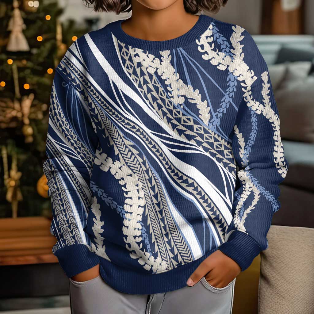 Polynesian Puakeniken Pikake Twisted Lei Kid Ugly Christmas Sweater Navy Blue - Polynesian Pride