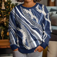 Polynesian Puakeniken Pikake Twisted Lei Kid Ugly Christmas Sweater Navy Blue - Polynesian Pride