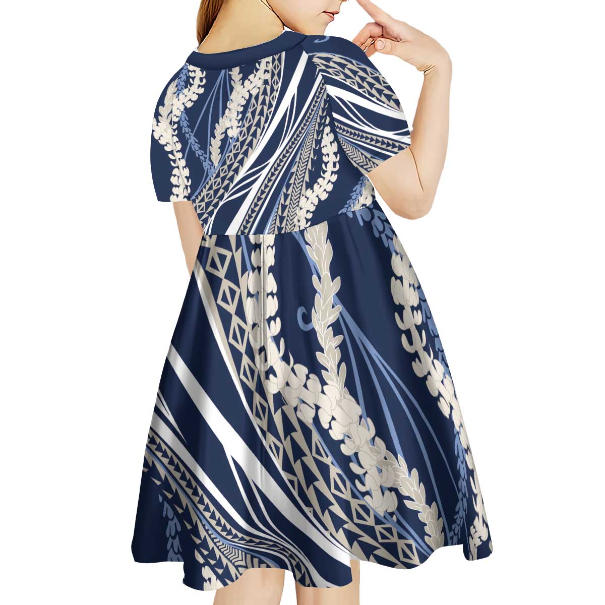 Polynesian Puakeniken Pikake Twisted Lei Kid Short Sleeve Dress Navy Blue - Polynesian Pride