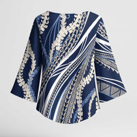 Polynesian Puakeniken Pikake Twisted Lei Kimono Sleeve Blouse Navy Blue - Polynesian Pride