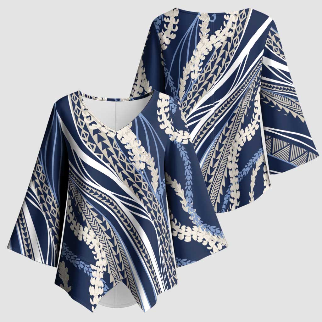 Polynesian Puakeniken Pikake Twisted Lei Kimono Sleeve Blouse Navy Blue - Polynesian Pride
