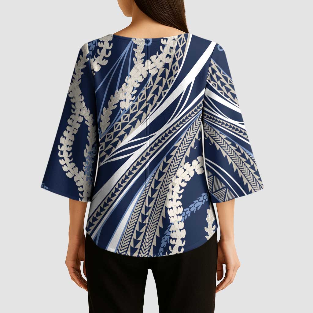 Polynesian Puakeniken Pikake Twisted Lei Kimono Sleeve Blouse Navy Blue - Polynesian Pride