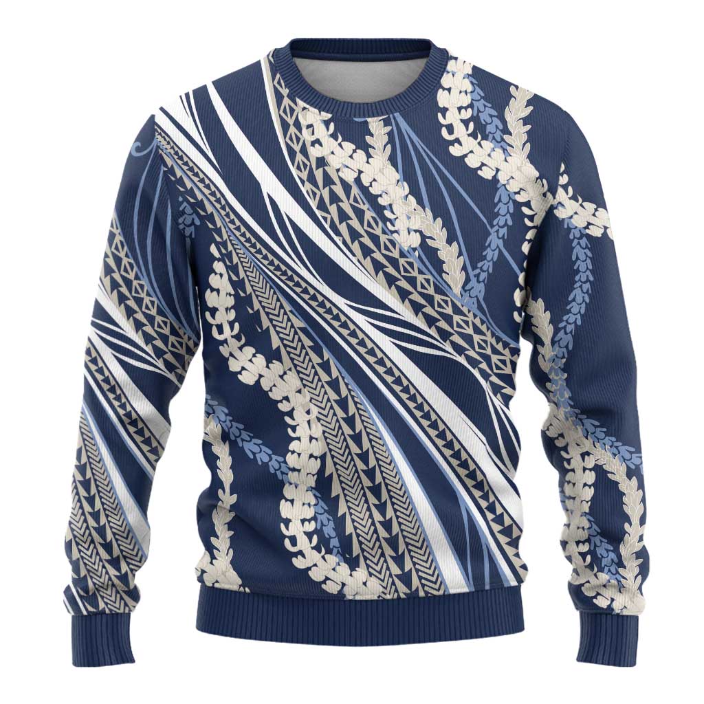 Polynesian Puakeniken Pikake Twisted Lei Ugly Christmas Sweater Navy Blue - Polynesian Pride