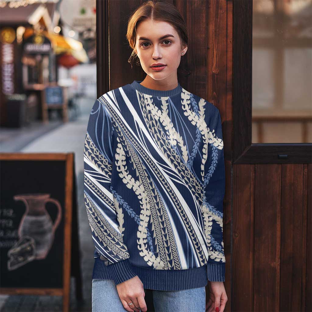 Polynesian Puakeniken Pikake Twisted Lei Ugly Christmas Sweater Navy Blue - Polynesian Pride