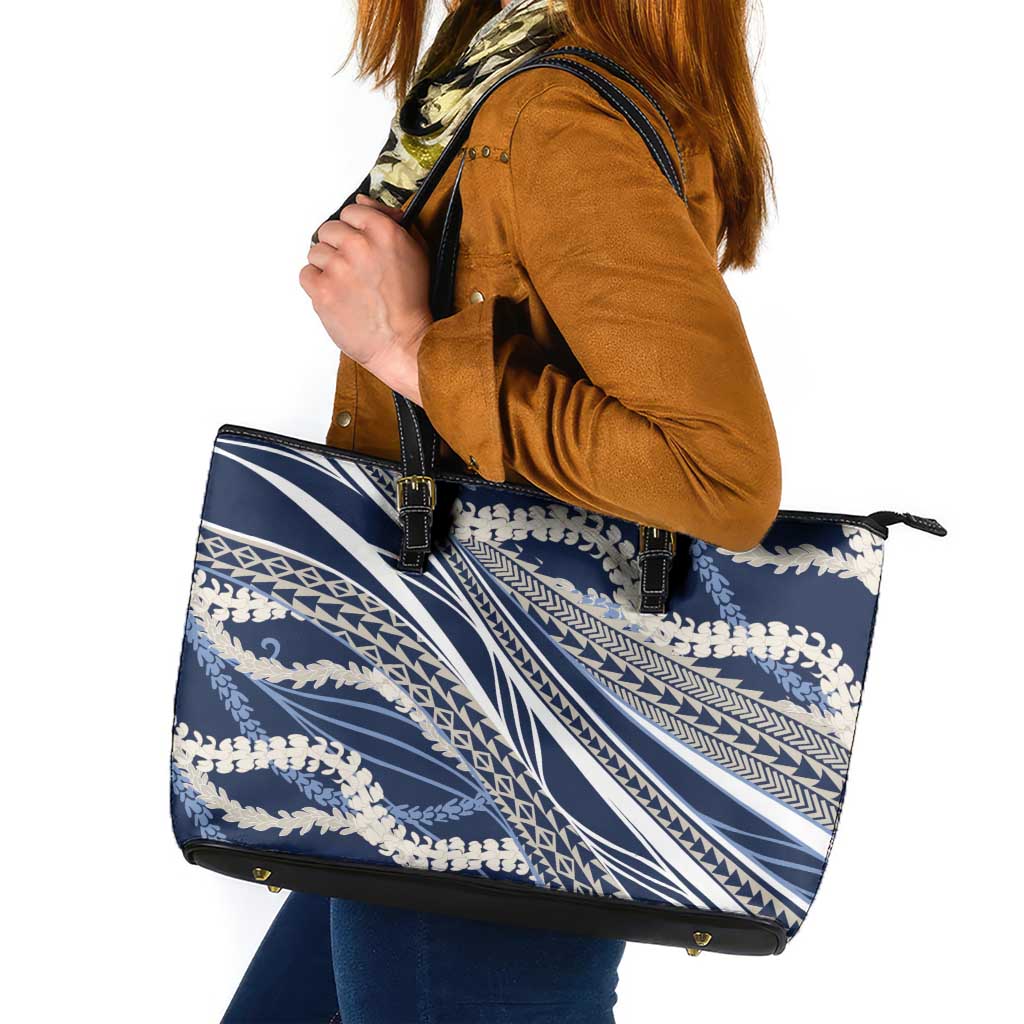 Polynesian Puakeniken Pikake Twisted Lei Leather Tote Bag Navy Blue - Polynesian Pride