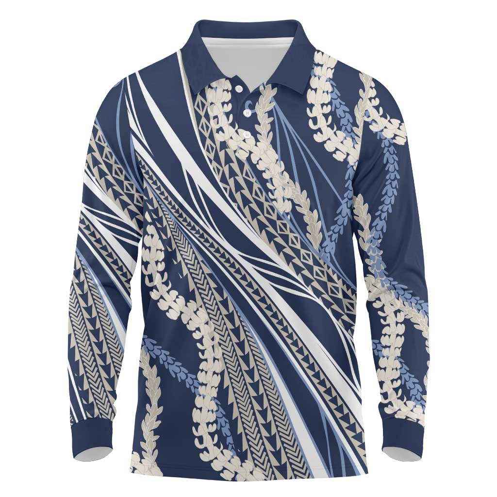 Polynesian Puakeniken Pikake Twisted Lei Long Sleeve Polo Shirt Navy Blue LT7 Navy Blue - Polynesian Pride