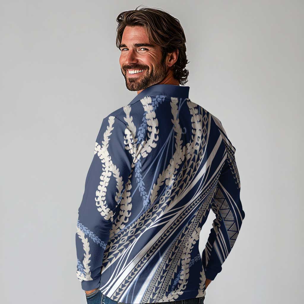 Polynesian Puakeniken Pikake Twisted Lei Long Sleeve Polo Shirt Navy Blue - Polynesian Pride