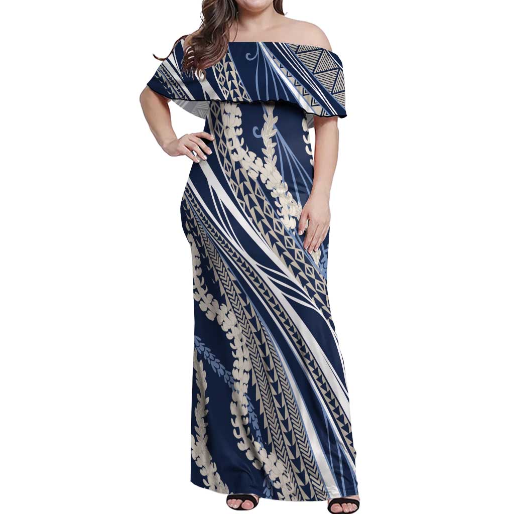 Polynesian Puakeniken Pikake Twisted Lei Off Shoulder Maxi Dress Navy Blue - Polynesian Pride