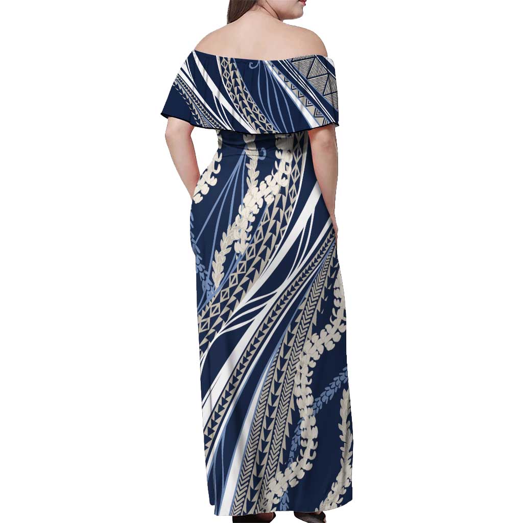 Polynesian Puakeniken Pikake Twisted Lei Off Shoulder Maxi Dress Navy Blue - Polynesian Pride