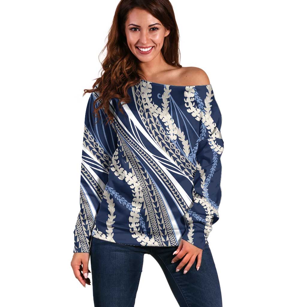 Polynesian Puakeniken Pikake Twisted Lei Off Shoulder Sweater Navy Blue LT7 Women Navy Blue - Polynesian Pride