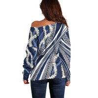 Polynesian Puakeniken Pikake Twisted Lei Off Shoulder Sweater Navy Blue - Polynesian Pride