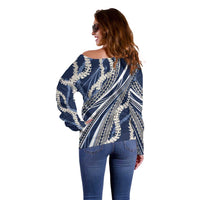 Polynesian Puakeniken Pikake Twisted Lei Off Shoulder Sweater Navy Blue - Polynesian Pride