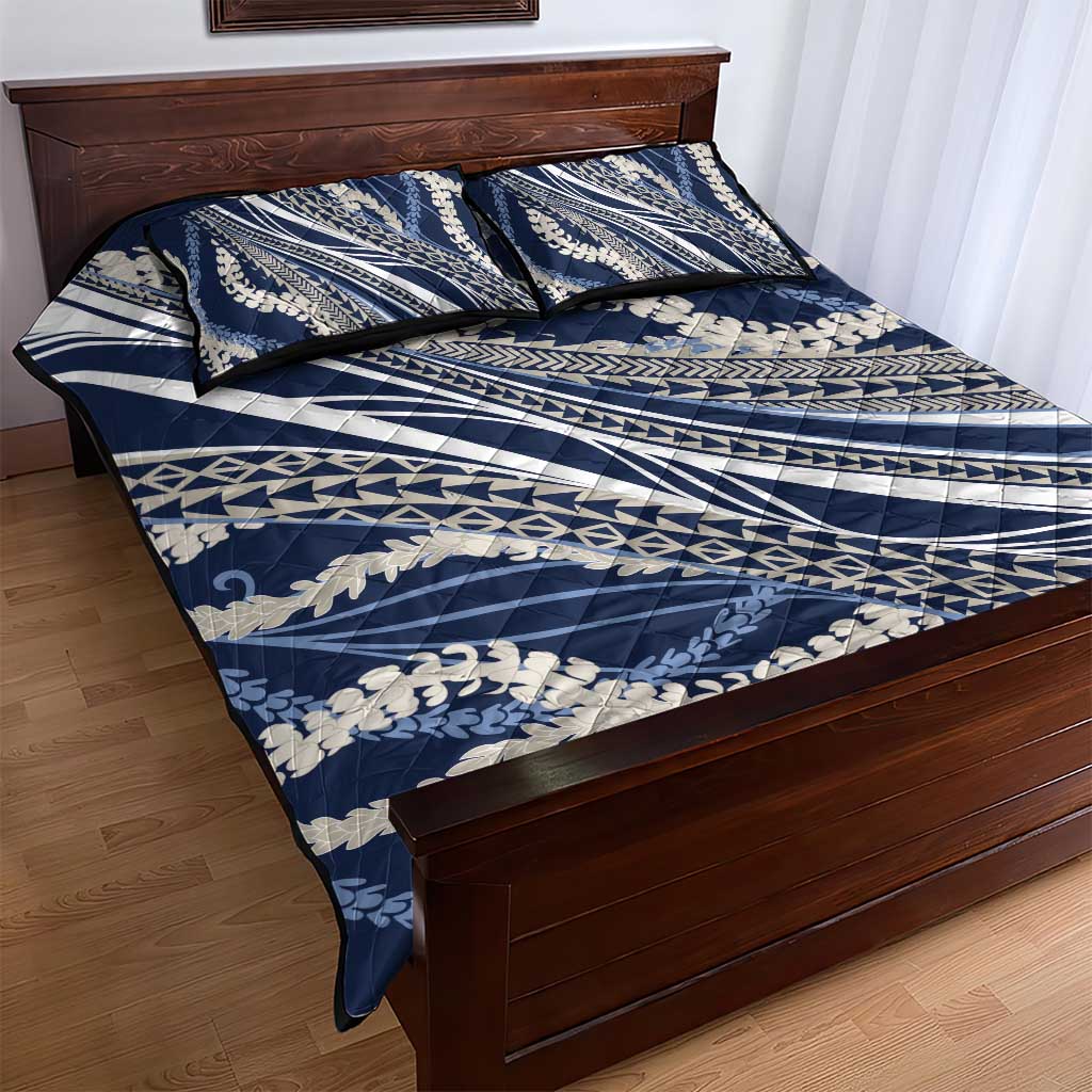 Polynesian Puakeniken Pikake Twisted Lei Quilt Bed Set Navy Blue - Polynesian Pride