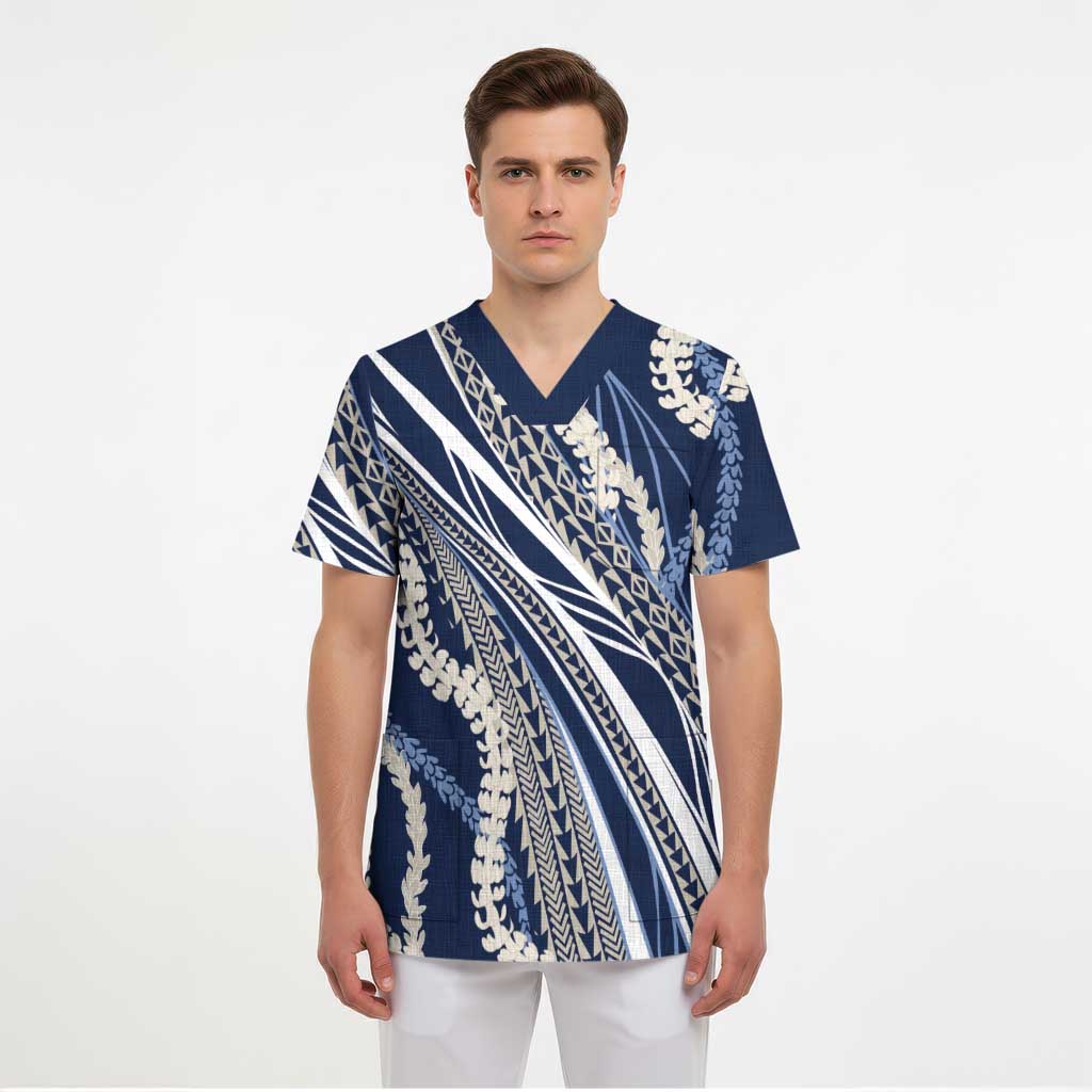 Polynesian Puakeniken Pikake Twisted Lei Scrub Top Navy Blue - Polynesian Pride