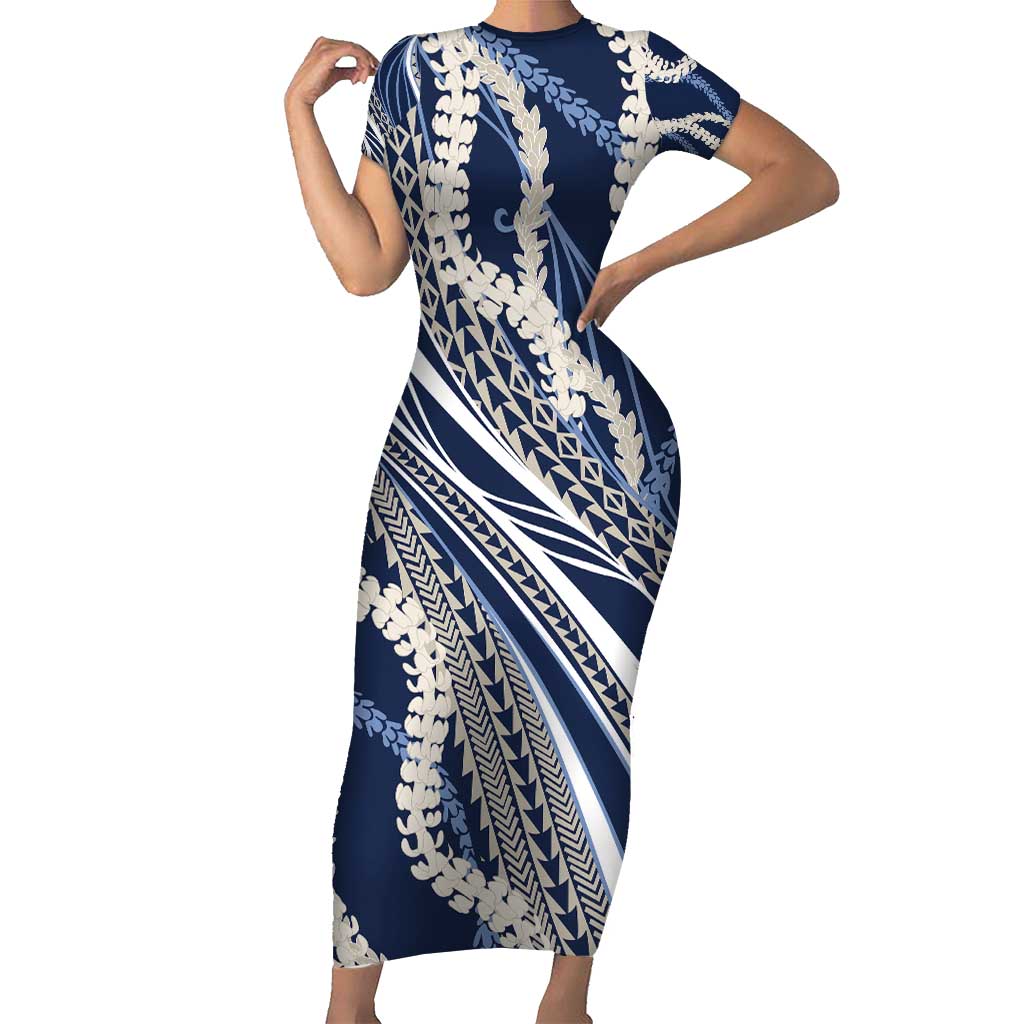 Polynesian Puakeniken Pikake Twisted Lei Short Sleeve Bodycon Dress Navy Blue - Polynesian Pride