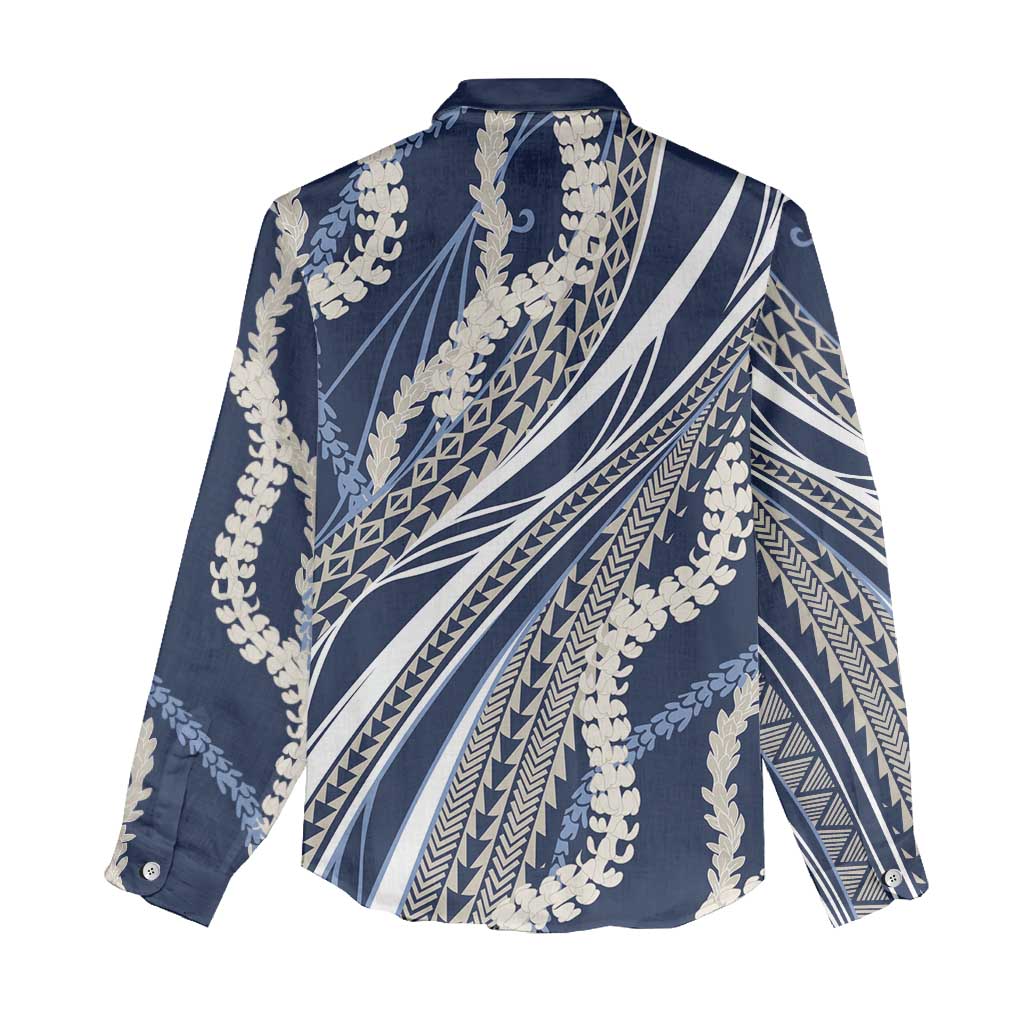 Polynesian Puakeniken Pikake Twisted Lei Women Casual Shirt Navy Blue - Polynesian Pride