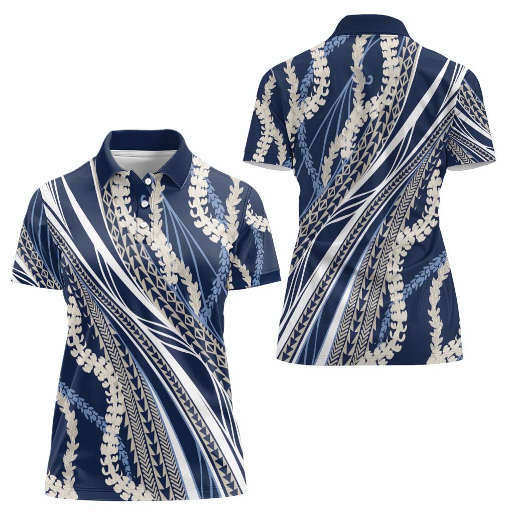 Polynesian Puakeniken Pikake Twisted Lei Women Polo Shirt Navy Blue - Polynesian Pride
