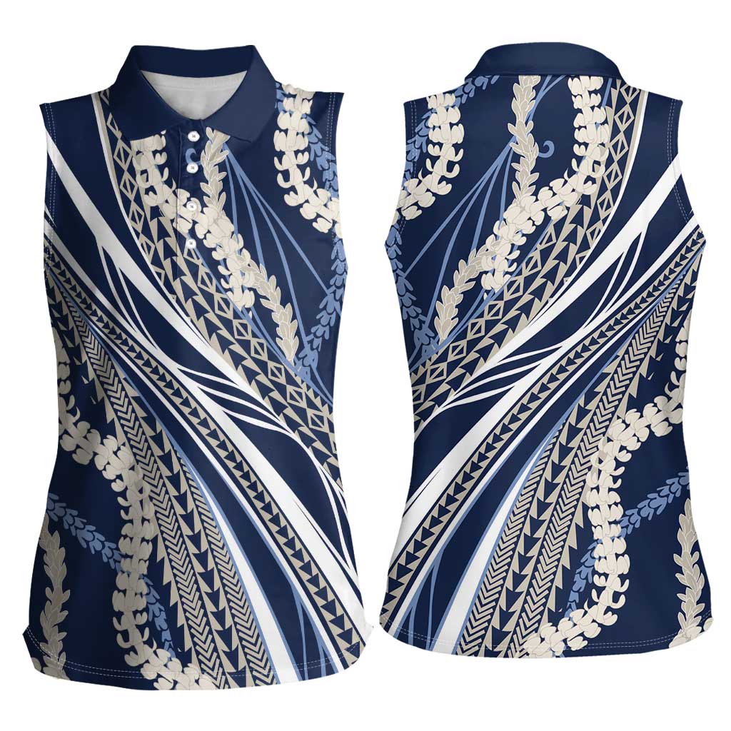 Polynesian Puakeniken Pikake Twisted Lei Women Sleeveless Polo Shirt Navy Blue - Polynesian Pride