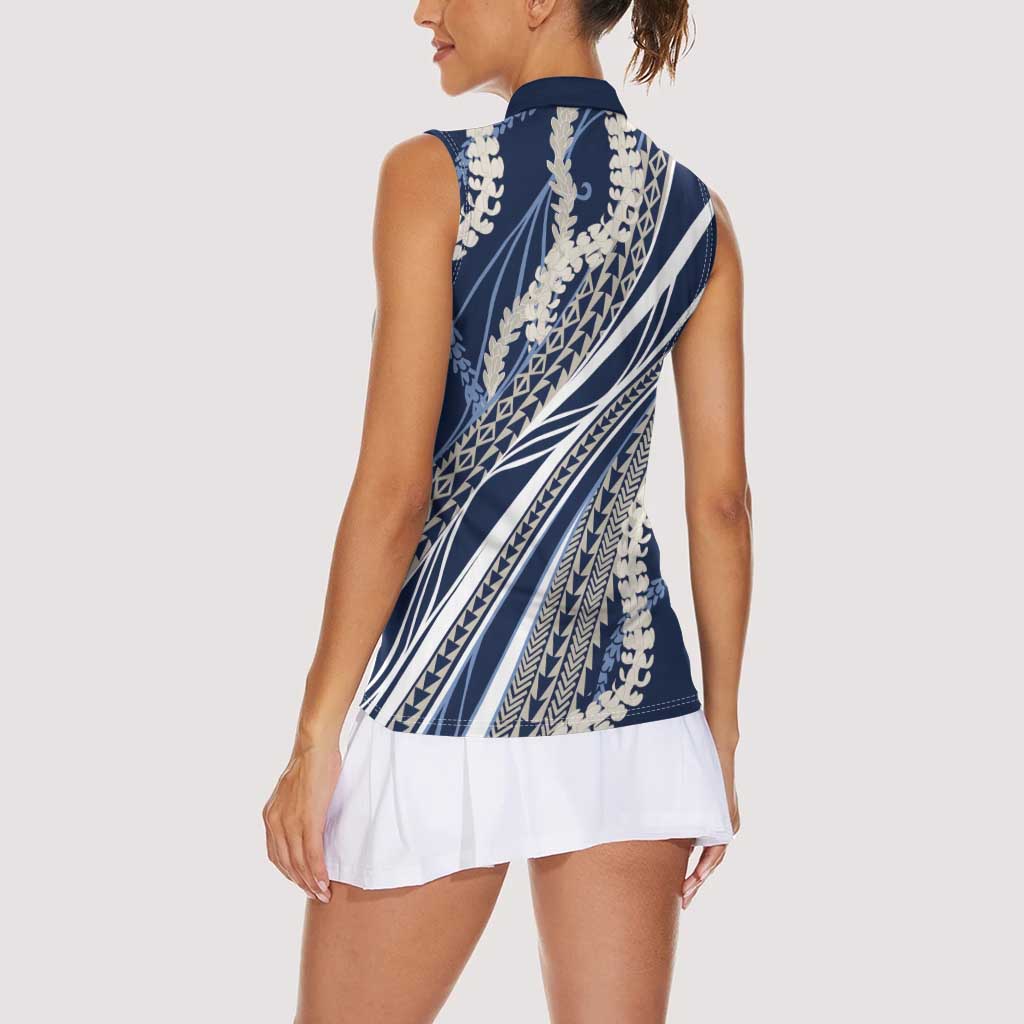 Polynesian Puakeniken Pikake Twisted Lei Women Sleeveless Polo Shirt Navy Blue - Polynesian Pride