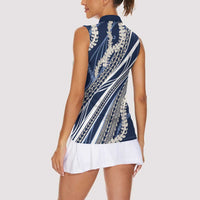 Polynesian Puakeniken Pikake Twisted Lei Women Sleeveless Polo Shirt Navy Blue - Polynesian Pride