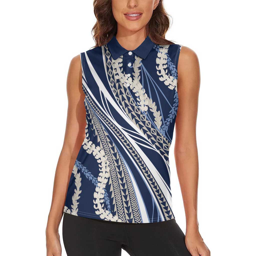 Polynesian Puakeniken Pikake Twisted Lei Women Sleeveless Polo Shirt Navy Blue - Polynesian Pride