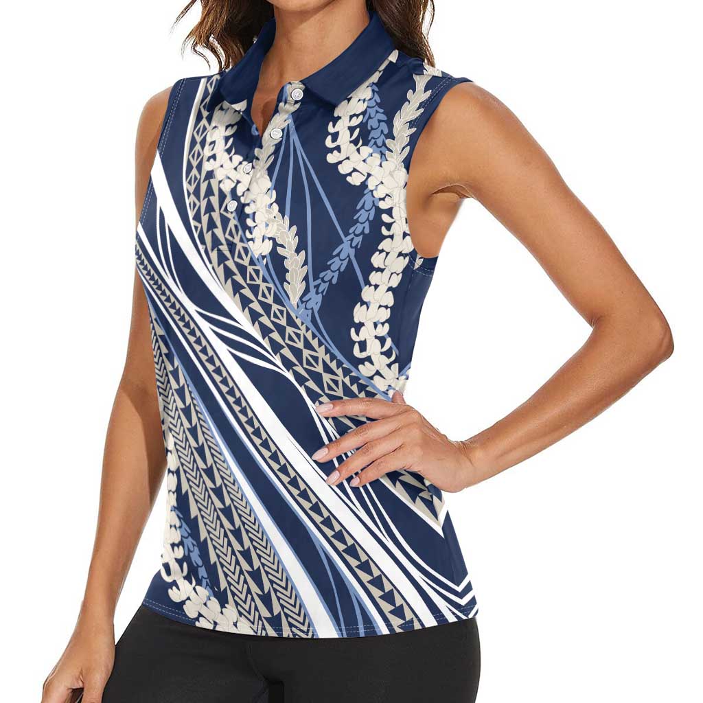 Polynesian Puakeniken Pikake Twisted Lei Women Sleeveless Polo Shirt Navy Blue - Polynesian Pride
