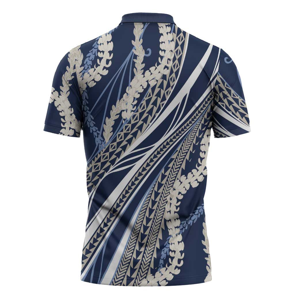 Polynesian Puakeniken Pikake Twisted Lei Zipper Polo Shirt Navy Blue - Polynesian Pride