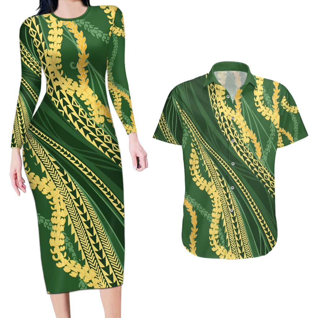 Polynesian Puakeniken Pikake Twisted Lei Couples Matching Long Sleeve Bodycon Dress and Hawaiian Shirt Emerald - Polynesian Pride