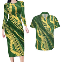 Polynesian Puakeniken Pikake Twisted Lei Couples Matching Long Sleeve Bodycon Dress and Hawaiian Shirt Emerald - Polynesian Pride