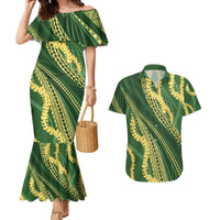 Polynesian Puakeniken Pikake Twisted Lei Couples Matching Mermaid Dress and Hawaiian Shirt Emerald - Polynesian Pride