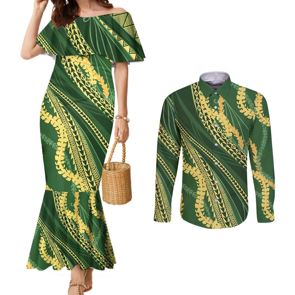 Polynesian Puakeniken Pikake Twisted Lei Couples Matching Mermaid Dress and Long Sleeve Button Shirt Emerald LT7 Emerald - Polynesian Pride