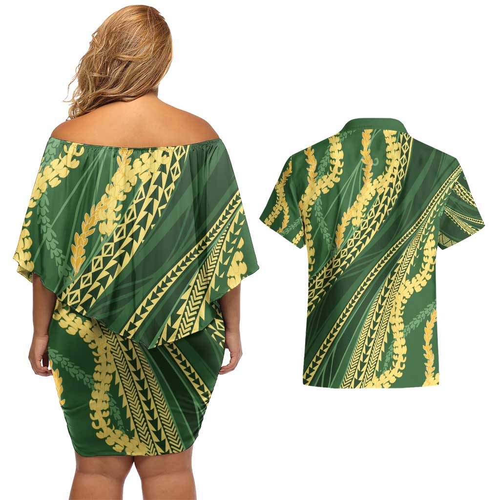 Polynesian Puakeniken Pikake Twisted Lei Couples Matching Off Shoulder Short Dress and Hawaiian Shirt Emerald - Polynesian Pride