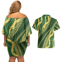 Polynesian Puakeniken Pikake Twisted Lei Couples Matching Off Shoulder Short Dress and Hawaiian Shirt Emerald - Polynesian Pride