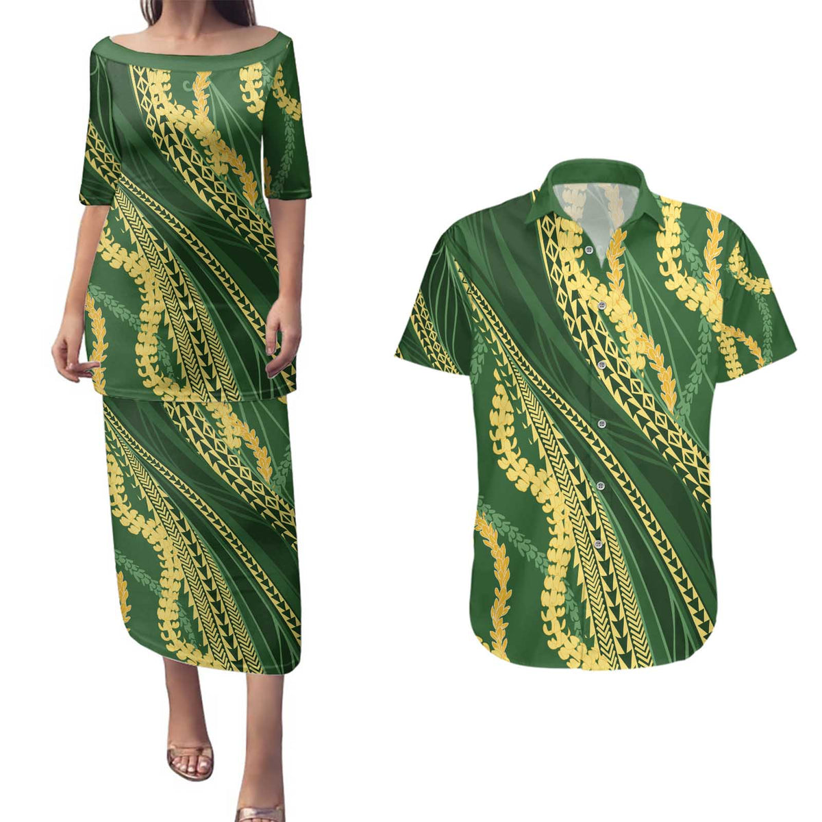 Polynesian Puakeniken Pikake Twisted Lei Couples Matching Puletasi and Hawaiian Shirt Emerald - Polynesian Pride