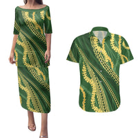 Polynesian Puakeniken Pikake Twisted Lei Couples Matching Puletasi and Hawaiian Shirt Emerald - Polynesian Pride