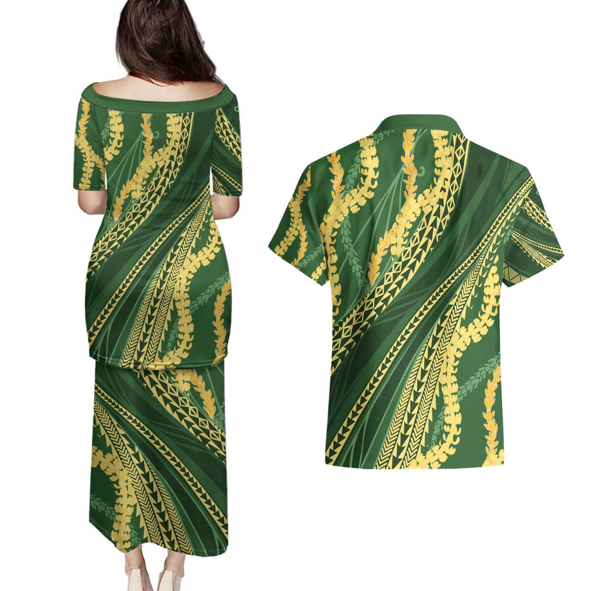 Polynesian Puakeniken Pikake Twisted Lei Couples Matching Puletasi and Hawaiian Shirt Emerald - Polynesian Pride