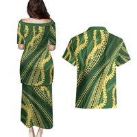 Polynesian Puakeniken Pikake Twisted Lei Couples Matching Puletasi and Hawaiian Shirt Emerald - Polynesian Pride