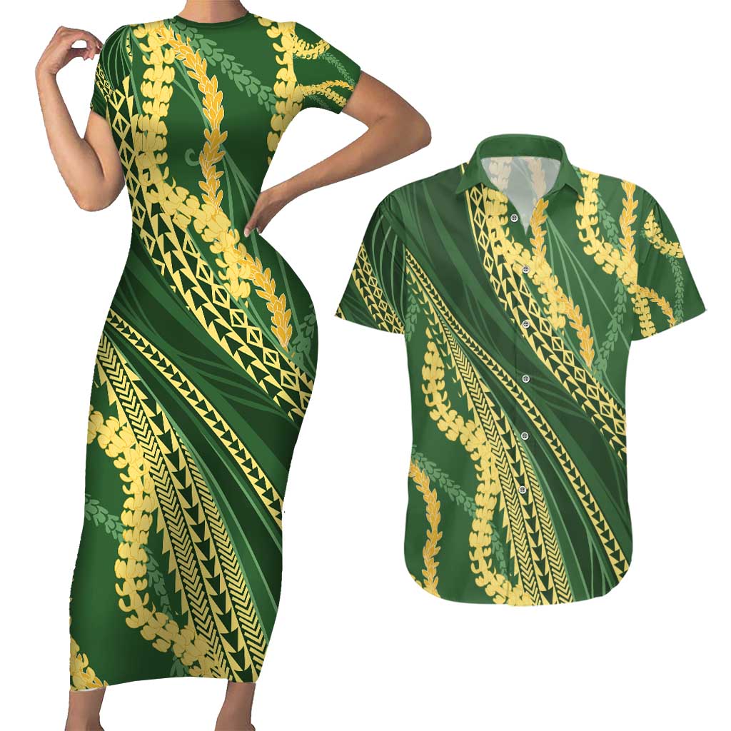 Polynesian Puakeniken Pikake Twisted Lei Couples Matching Short Sleeve Bodycon Dress and Hawaiian Shirt Emerald - Polynesian Pride