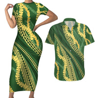 Polynesian Puakeniken Pikake Twisted Lei Couples Matching Short Sleeve Bodycon Dress and Hawaiian Shirt Emerald - Polynesian Pride