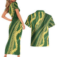 Polynesian Puakeniken Pikake Twisted Lei Couples Matching Short Sleeve Bodycon Dress and Hawaiian Shirt Emerald - Polynesian Pride
