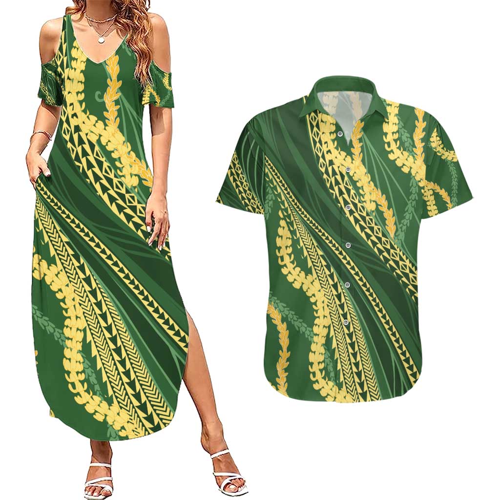 Polynesian Puakeniken Pikake Twisted Lei Couples Matching Summer Maxi Dress and Hawaiian Shirt Emerald - Polynesian Pride