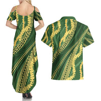 Polynesian Puakeniken Pikake Twisted Lei Couples Matching Summer Maxi Dress and Hawaiian Shirt Emerald - Polynesian Pride