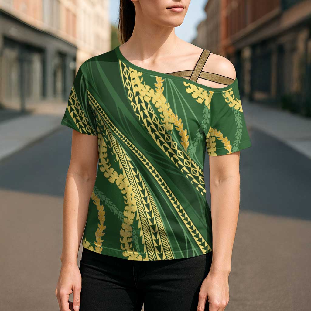 Polynesian Puakeniken Pikake Twisted Lei Cross Shoulder Shirt Emerald - Polynesian Pride