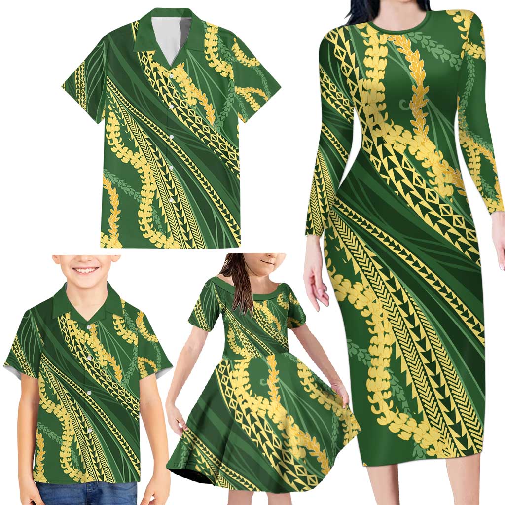 Polynesian Puakeniken Pikake Twisted Lei Family Matching Long Sleeve Bodycon Dress and Hawaiian Shirt Emerald - Polynesian Pride