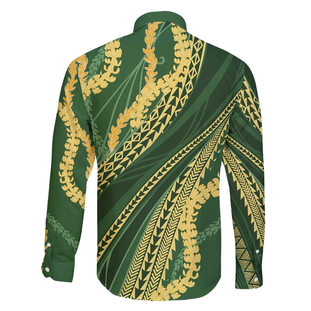 Polynesian Puakeniken Pikake Twisted Lei Family Matching Long Sleeve Bodycon Dress and Hawaiian Shirt Emerald - Polynesian Pride