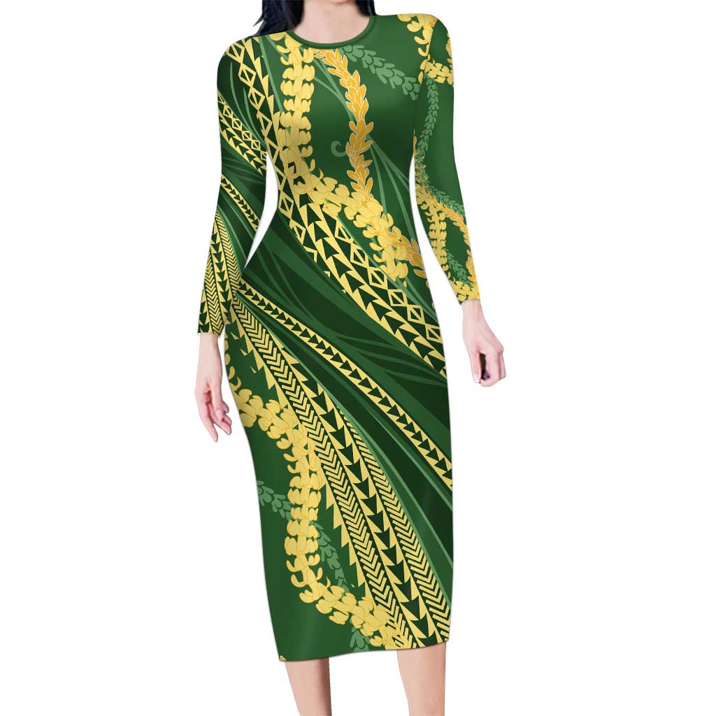 Polynesian Puakeniken Pikake Twisted Lei Family Matching Long Sleeve Bodycon Dress and Hawaiian Shirt Emerald - Polynesian Pride