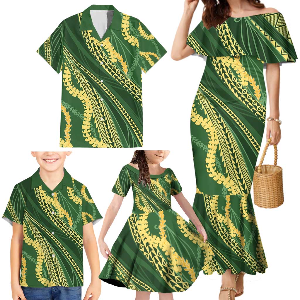 Polynesian Puakeniken Pikake Twisted Lei Family Matching Mermaid Dress and Hawaiian Shirt Emerald - Polynesian Pride
